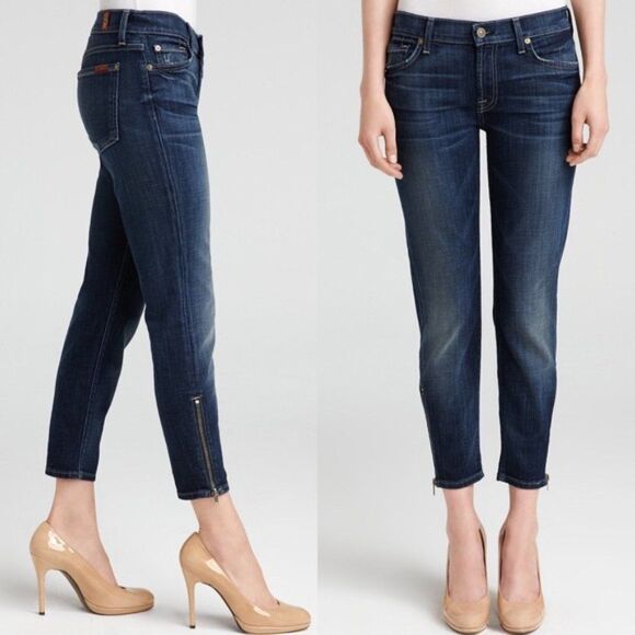 7 For All Mankind Gwenevere Denim Zippered Low Rise Dark Wash Capri Pants, 29x21 - Picture 1 of 8